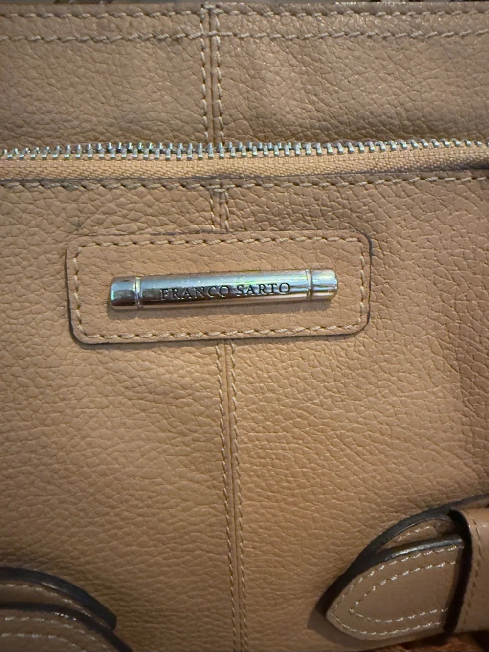 Franco Sarto Tan Pebble Leather Crossbody with Buckle Accents